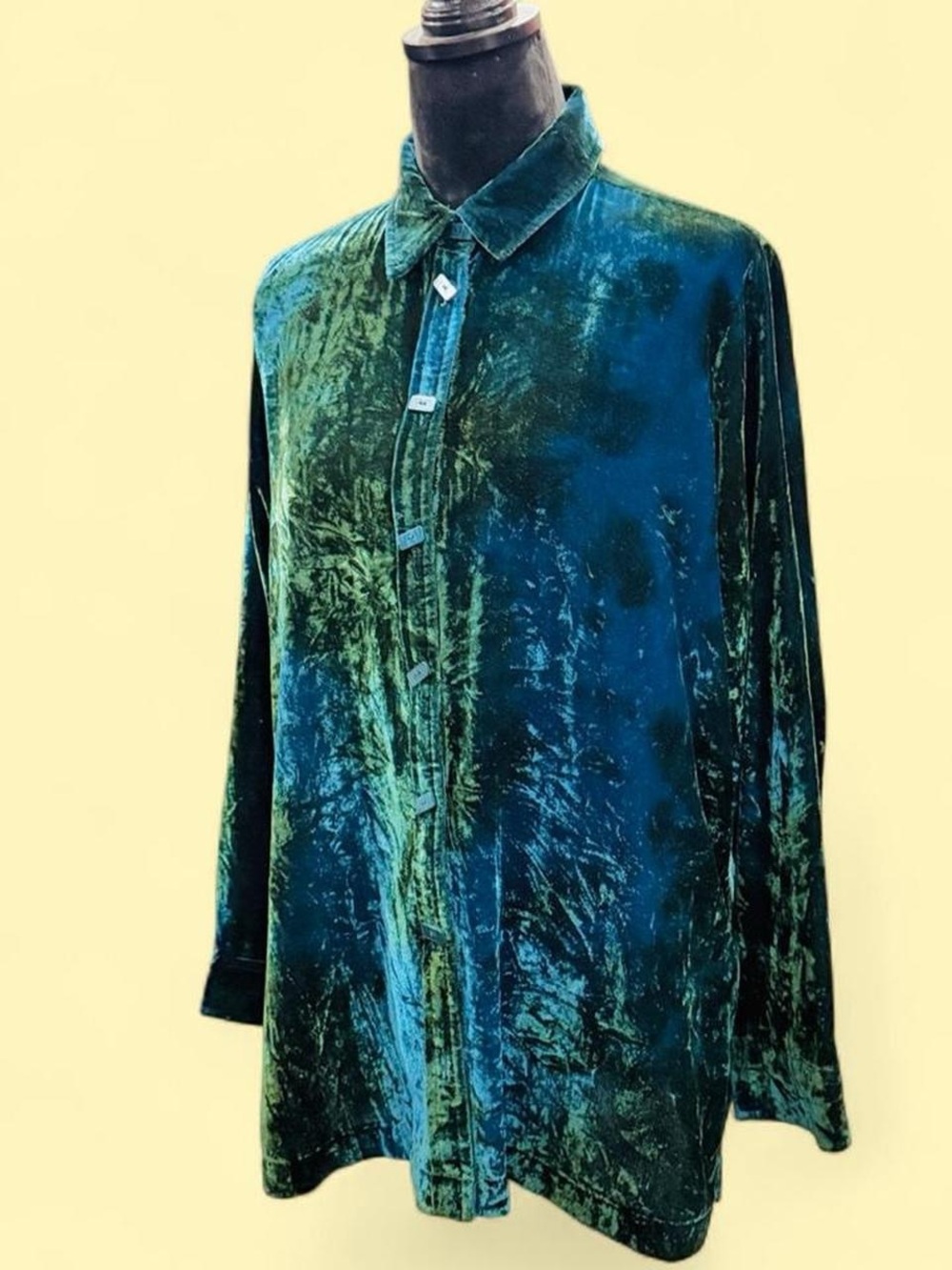 John Mark Crushed Velvet Button Front Blouse Top S Teal Green Luxe Shirt